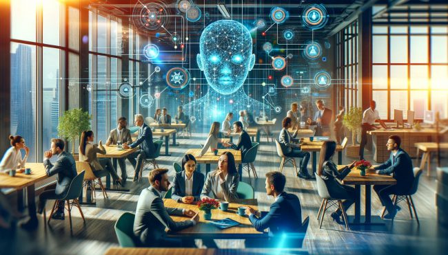 modern office environment enhanced by AI technology and network analysis, with a focus on teamwork and innovation.