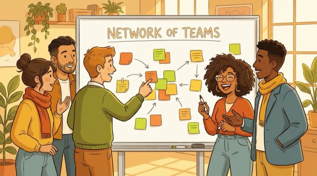 Cross-functional team collaborating in a network of teams workshop
