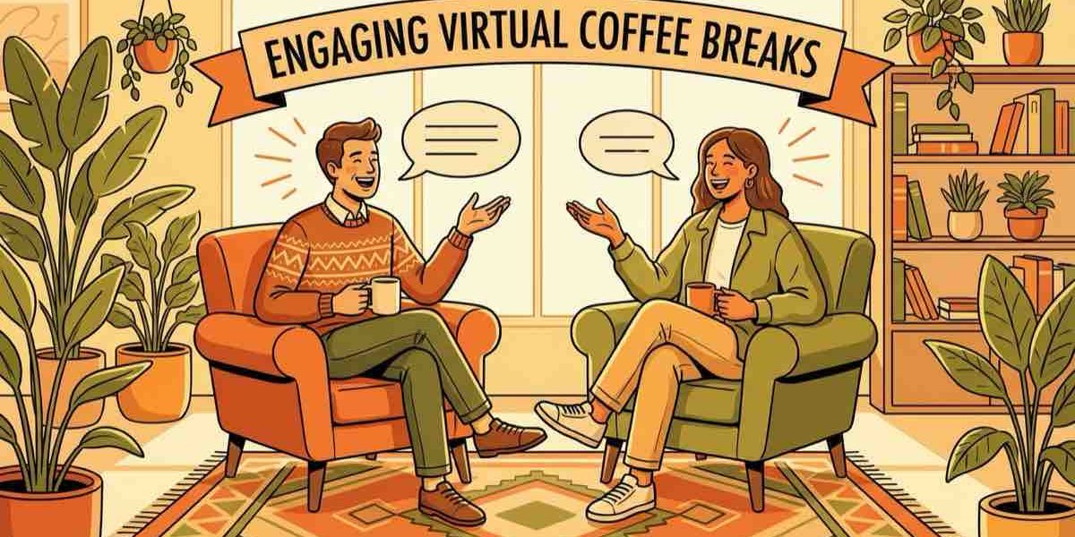 Two coworkers enjoying a warm virtual coffee break conversation in a bright office lounge illustration