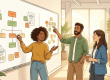 Illustration of coworkers building a knowledge management framework together in a bright office