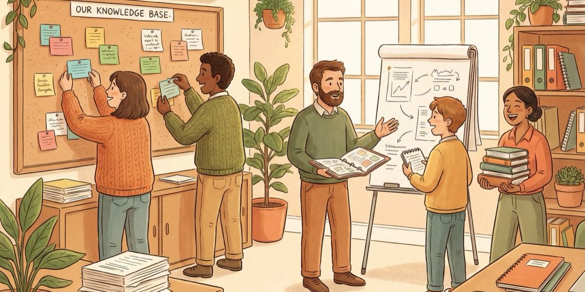 Illustrated team organizing shared knowledge with sticky notes, binders, and a whiteboard in a warm office