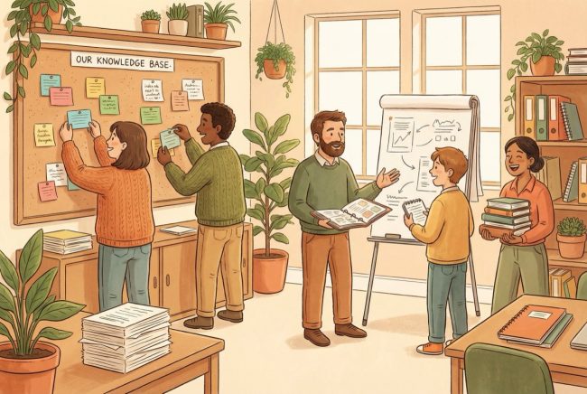 Illustrated team organizing shared knowledge with sticky notes, binders, and a whiteboard in a warm office