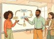 Illustration of coworkers planning organizational network security in a bright office