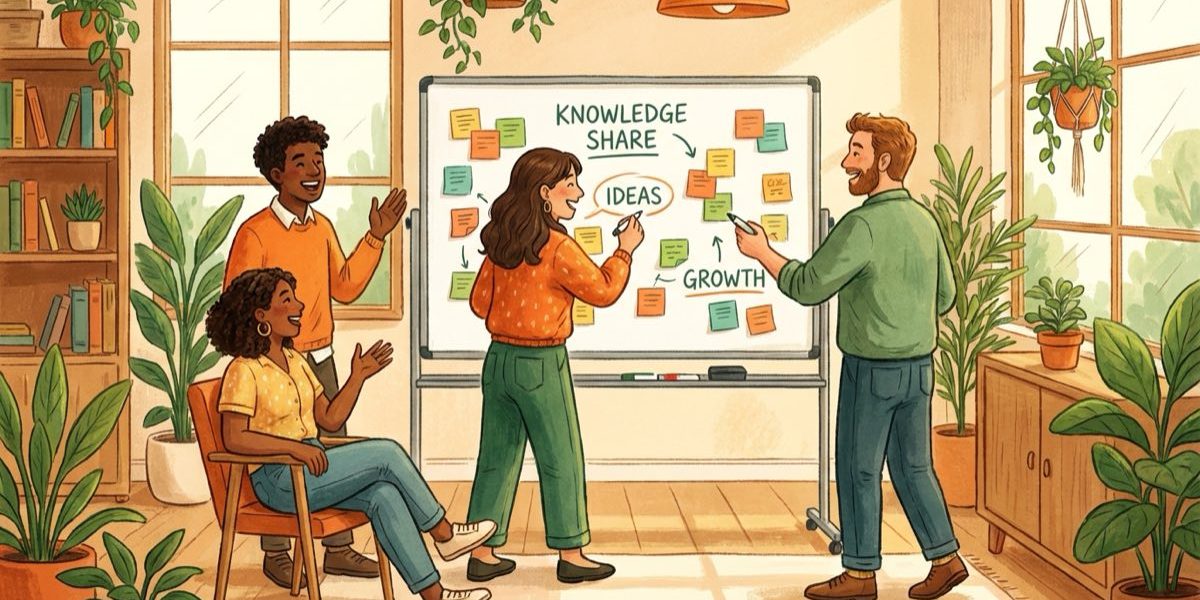 Illustrated team collaborating around a whiteboard during a knowledge-sharing session