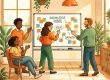 Illustration of a team organizing shared knowledge on a whiteboard