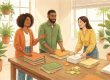 Three colleagues organizing documents and notes together in a bright office