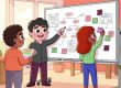 Three coworkers organizing shared knowledge on a whiteboard in a warm LEAD-style office illustration