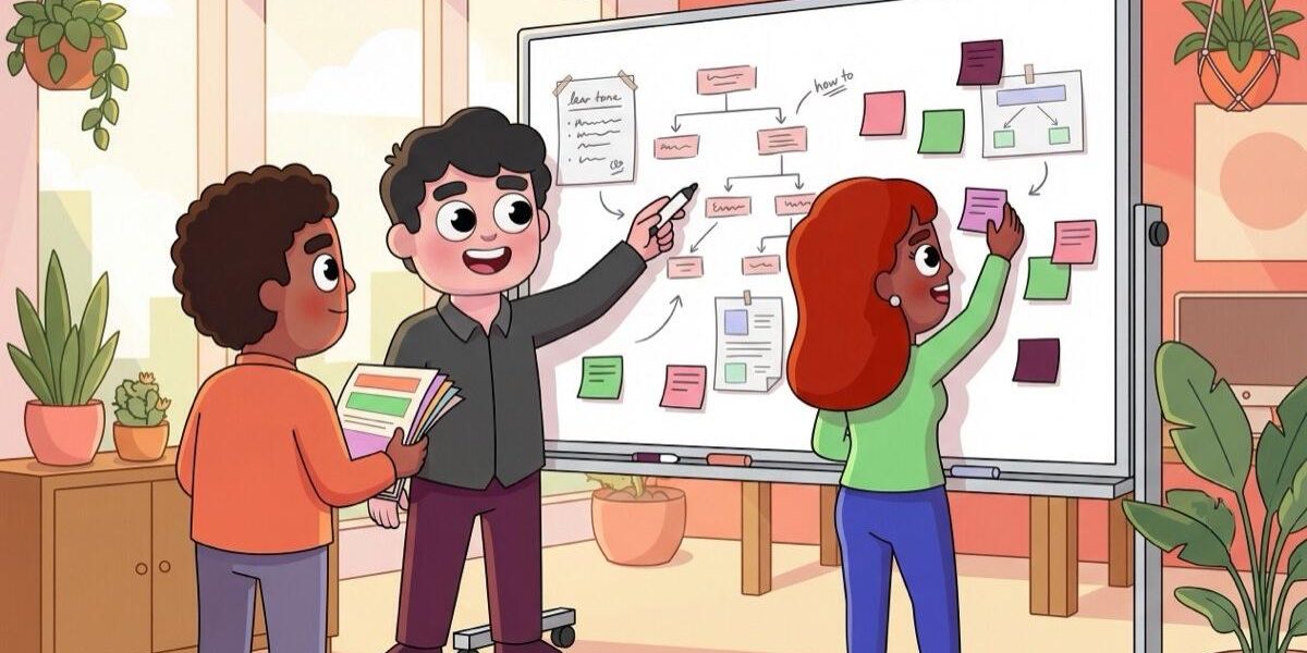 Three coworkers organizing shared knowledge on a whiteboard in a warm LEAD-style office illustration