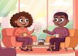 LEAD-style illustration of two colleagues sharing a warm virtual coffee chat invitation in a bright office lounge