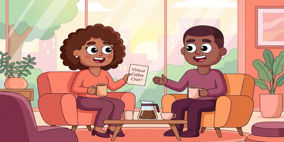 Virtual coffee chat email tips hero image LEAD-style illustration of two colleagues sharing a warm virtual coffee chat invitation in a bright office lounge
