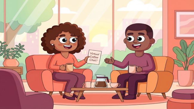 LEAD-style illustration of two colleagues sharing a warm virtual coffee chat invitation in a bright office lounge