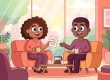 Two colleagues sharing a friendly virtual coffee invitation in a warm illustrated office lounge