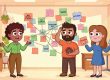 Illustrated team coordinating across a networked organization without screens or devices