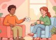 Warm LEAD.bot illustration of two colleagues sharing a virtual coffee chat invite in an office lounge