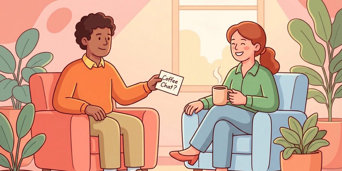 Virtual coffee chat invite illustration Warm LEAD.bot illustration of two colleagues sharing a virtual coffee chat invite in an office lounge