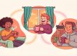 Illustrated remote team virtual coffee morning with colleagues chatting over coffee in warm LEAD style