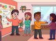 Warm illustration of colleagues guiding a team through an AI change management rollout
