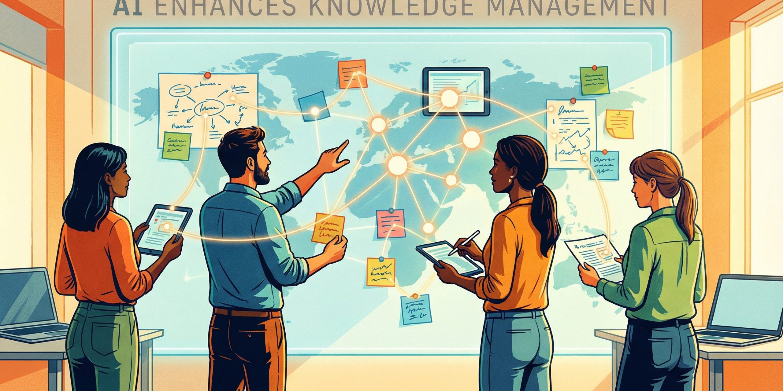 Editorial illustration of a cross-functional team organizing documents, insights, and AI-assisted knowledge flows.